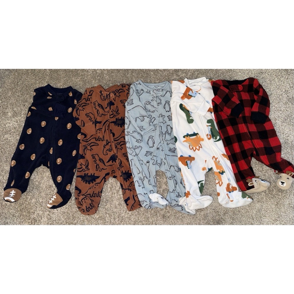 Lot Of 5 Carter's Baby Boy Sleepers Fleece Footed Pajamas 2-NB, (1) 0-3, (2) 3Mā